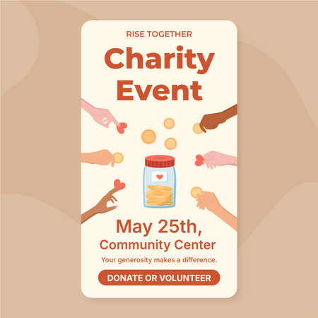 Charity event banner in soft flat background. People hand coins and heart gift to a clear jar as they help. Community poster for donate or give to charitable support and assistance, warm beige red