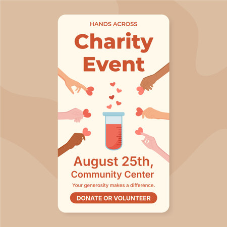 Charity event poster with volunteer theme. Heart donation layout for community support as people give love and help as gift. Concept for donate and aid, social welfare background ngo awareness