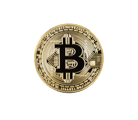 Physical golden bitcoin isolated on white, top view.の写真素材
