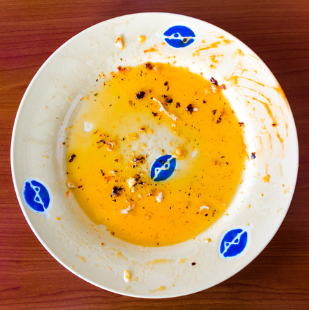 Directly above shot of dirty plate after meal - Bad fat oil top view with food leftovers and stain - Concept of unhealthy living and eatingの写真素材