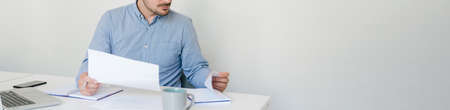 Banner panorama close up mid section body of young smiling cheerful successful businessman...