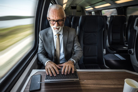 High angle view of male professional is using laptop on table. Senior businessman is sitting by window in passenger train. He is wearing formal suit during business travel.の写真素材