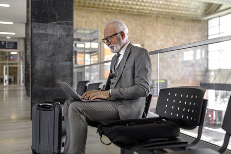 Elderly professional with luggage using laptop while waiting at subway or train station or at the airport.の写真素材