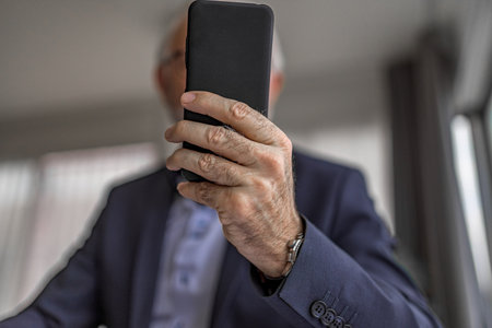 Elderly businessman text messaging on smart phone, Male professional is using cellphone while sitting at desk, He is wearing formals at corporate office. Focus on hand and phone.の写真素材