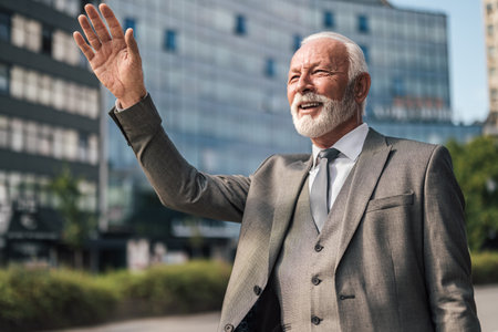 Happy senior businessman waving while hailing for cab. Elderly male professional is waiting for ride while commuting in city. He is wearing suit during business travel.の写真素材
