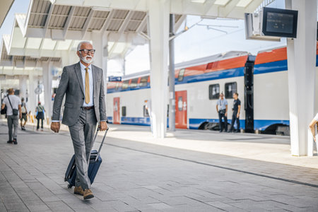 Elderly businessman walking with suitcase at subway station platform. Senior male professional is wearing suit on business travel. He is commuting in city during sunny day.の写真素材