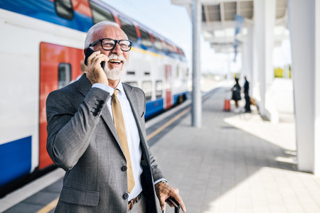 Smiling senior entrepreneur talking on smart phone. Male professional is waiting with luggage at the train. He is in suit while standing at subway or train station platform.の写真素材