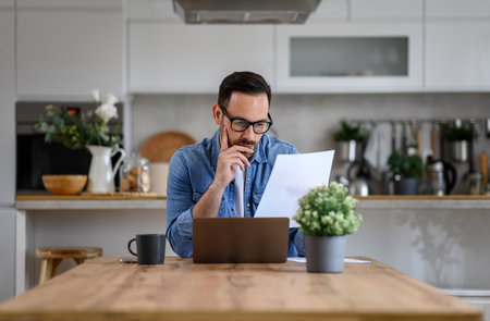 Portrait of serious young businessman reading document with laptop on desk working at home officeの写真素材