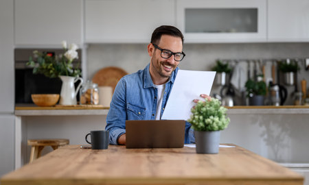Smiling young businessman analyzing report and working over laptop on desk in home officeの写真素材