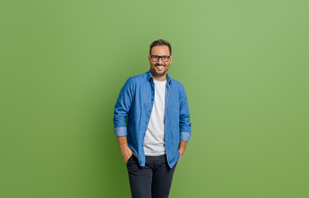 Portrait of young businessman with hands in pockets standing isolated against green backgroundの写真素材