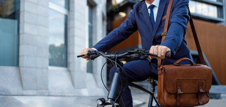 Midsection of old businessman commuter with shoulder bag riding bicycle and traveling to work in cityの写真素材