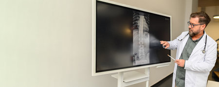 Male professional radiologist in lab coat analyzing and explaining spine x ray over computer screen...