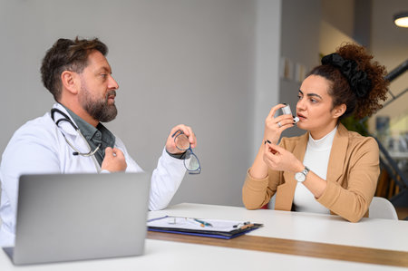 Female patient inhaling through asthma pump while discussing test results with male doctor in hospitalの写真素材