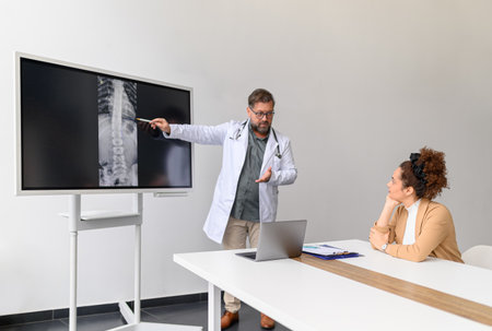 Male doctor in lab coat showing x-ray and explaining diagnosis to young woman sitting at table in hospitalの写真素材