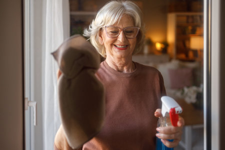 Senior woman with short hair cleaning glass window using spray bottle and napkin while working at homeの写真素材