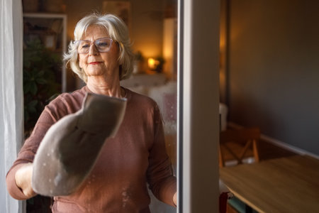Portrait of confident elderly woman with short hair and eyeglasses wiping wet glass window with napkin at homeの写真素材