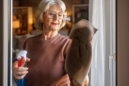Portrait of senior woman wiping glass window with cleaning spray and cloth while doing household work at homeの写真素材