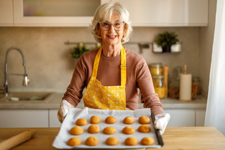 Portrait of senior woman in apron and eyeglasses smiling and showing tray of freshly baked cookies for blog storyの写真素材
