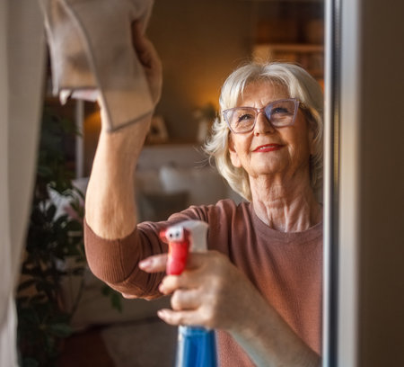 Senior woman with short hair cleaning glass window using cloth and spray bottle at home during household choresの写真素材