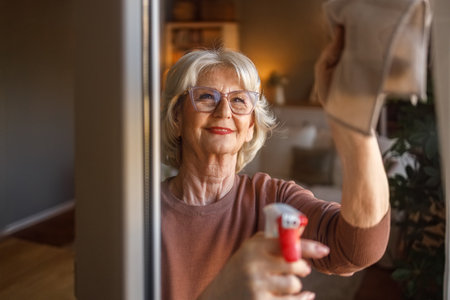 Portrait of smiling senior woman holding spray bottle and wiping glass door with napkin while cleaning homeの写真素材