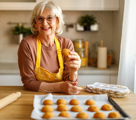 Portrait of happy senior woman holding cookie while leaning by tray of freshly baked sweets on kitchen island at homeの写真素材