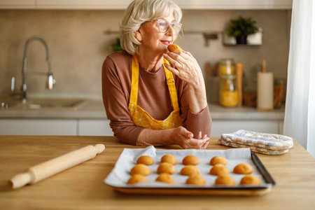 Senior woman in eyeglasses enjoying homemade cookie while leaning by tray of sweets on counter and updating her food blogの写真素材