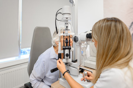 Female optometrist examining senior woman's eyes with slit lamp during vision test at modern...