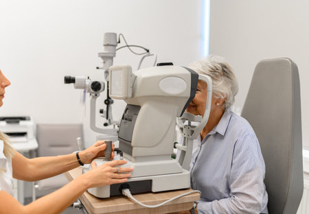Hands of female optometrist examining senior woman's eyes with slit lamp during vision test in modern clinicの写真素材