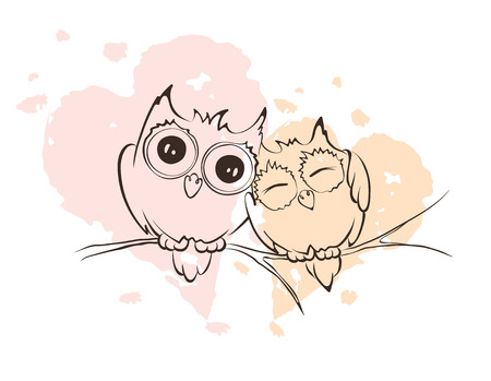 Illustration - love owls on a branchのイラスト素材
