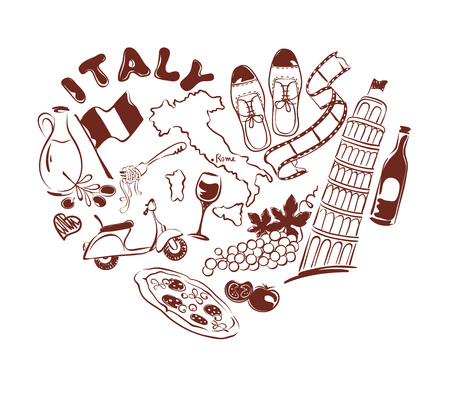 Symbols of Italy in the form of heart, vector illustrationのイラスト素材