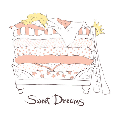 Girl sleeping sweetly on the bed Princess and the Pea, illustrationのイラスト素材