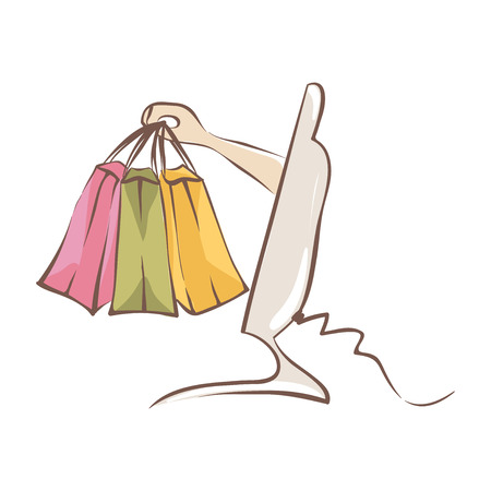 Very fast delivery of purchases/Hand holds bags directly from the computer monitorのイラスト素材