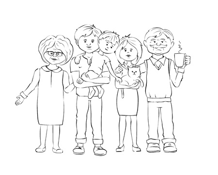United family / Graphic vector illustration with mother, father, grandmother, grandfather, child and catのイラスト素材