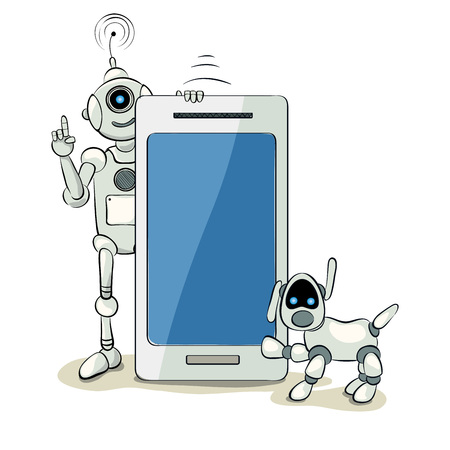 Robot and robot dog with smart phone / The friendly robot with a funny robot dog, vector illustrationのイラスト素材