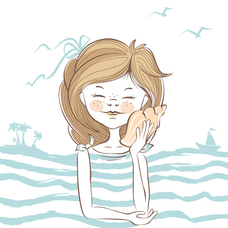 Hear the sea / Girl listening to sound of the sea in a shellのイラスト素材