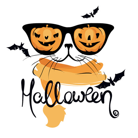 Cat with funny pumpkin glasses / Funny halloween illustration, postcard, invitationのイラスト素材