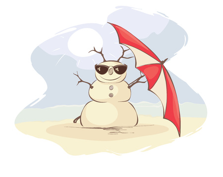 Christmas vacation on the beach / Funny vector illustration with snowman in the beachのイラスト素材