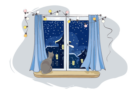 Cat looks at the falling snow / Gray cat in the house on the window waiting for the host, Christmas is coming, vector illustrationのイラスト素材