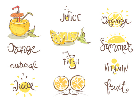 Collection of vector images with cheerful oranges and hand drawn signs.のイラスト素材
