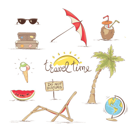Set of beach elements in cartoon illustration.のイラスト素材