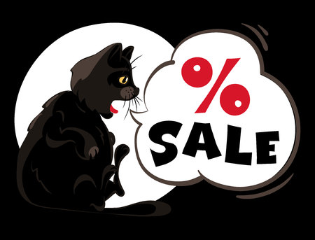 Funny black cat surprised by discounts, vector illustrationのイラスト素材