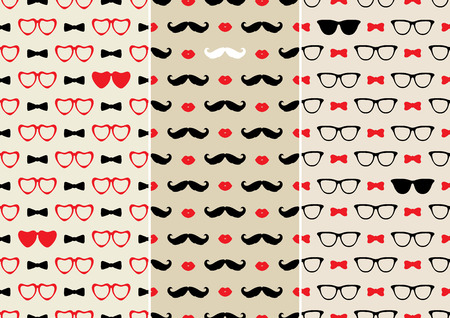 Funny seamless vector backgrounds / Three vector prints with mustaches, glasses and bowsのイラスト素材
