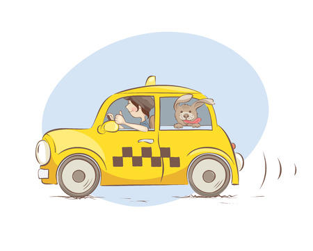 Cheerful taxi / Girl driver and pet friendly taxi, vector illustration.のイラスト素材