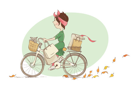 Girl on a bicycle / Vector illustration, young woman and autumn shoppingのイラスト素材