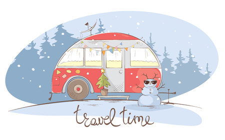 Winter travel in a house on wheels / Funny red house on wheels in the Christmas forest, vector illustrationのイラスト素材