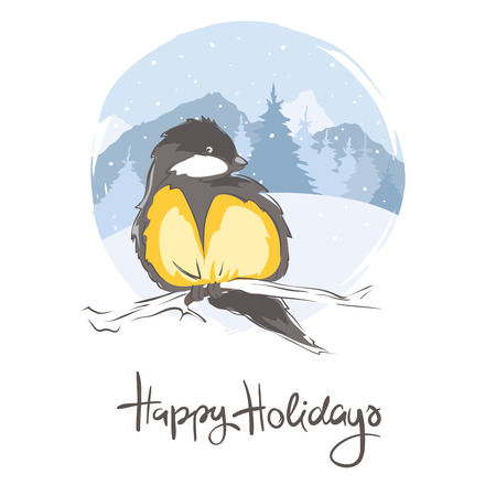 Tit on branch / Vector illustration, winter background, Christmas cardのイラスト素材