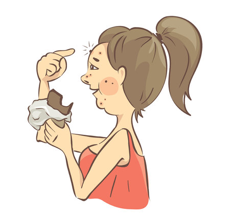 Harm of chocolate. The girl eats a lot of chocolate. Skin problems, acne. Vector illustration.のイラスト素材