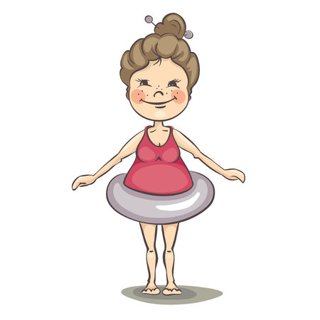 Ready for summer. Girl with excess weight in a bathing suit with a life buoy, vector illustration.のイラスト素材