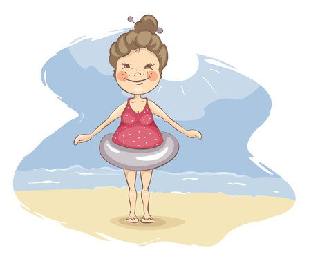 Ready for summer. Girl with excess weight in a bathing suit with a life buoy, vector illustration.のイラスト素材