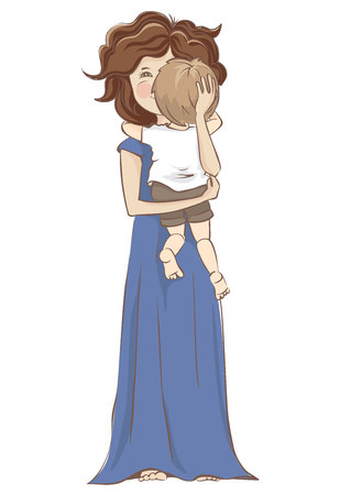 Mother with son. Vector illustration, Mom with a baby in her arms.のイラスト素材